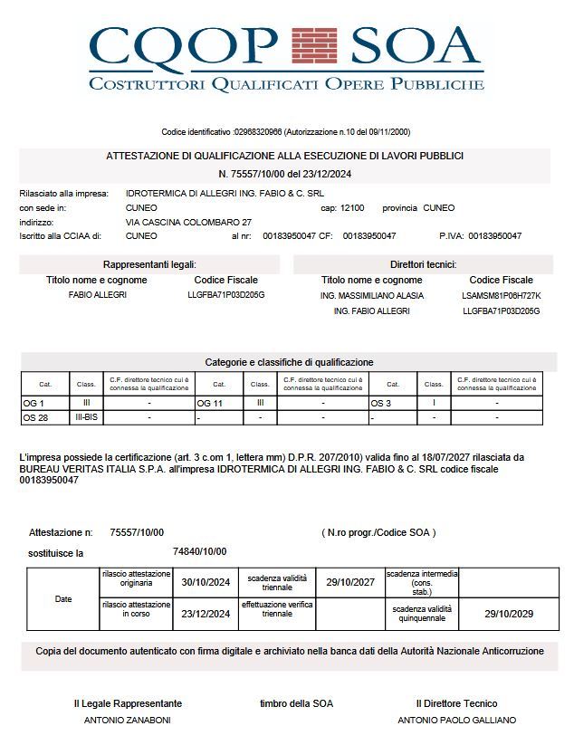 Idrotermica Allegri Certificazioni 8